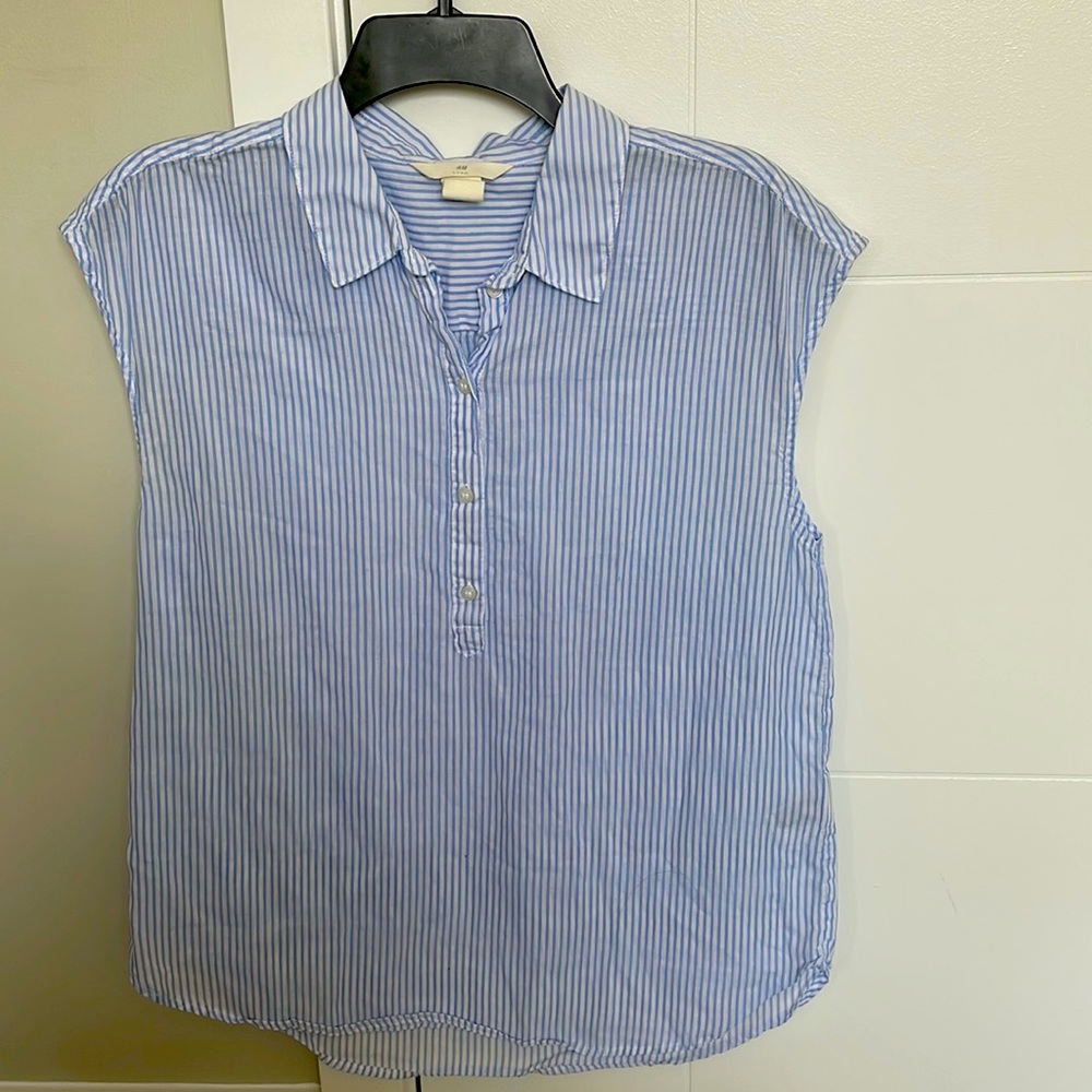 Blue and white striped short sleeved blouse